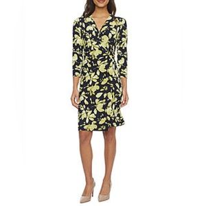 Black Label by Evan-Picone 3/4 Sleeve Floral Faux Wrap Dress